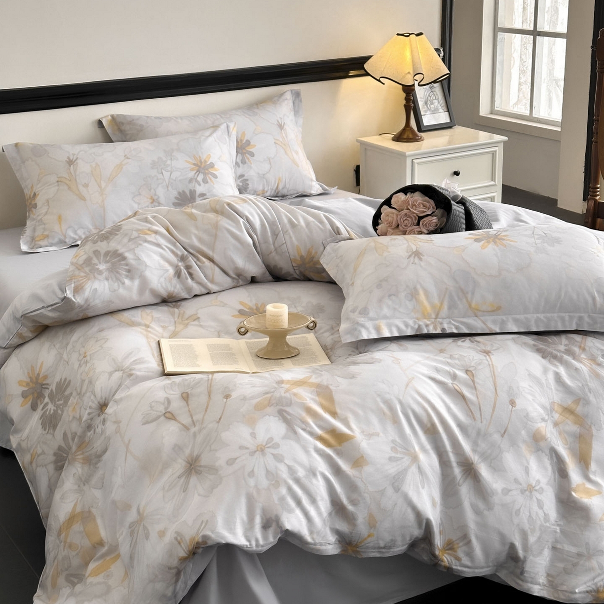 91家纺网 家纺一手货源 找家纺 金鑫汇家纺 2025新款13372全棉纯棉高端数码印花四件套 木槿-灰