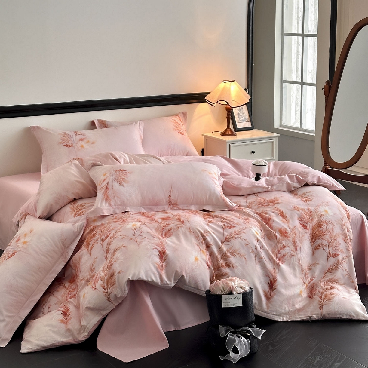 金鑫汇家纺 2025新款13372全棉纯棉高端数码印花四件套 幽兰生香-粉