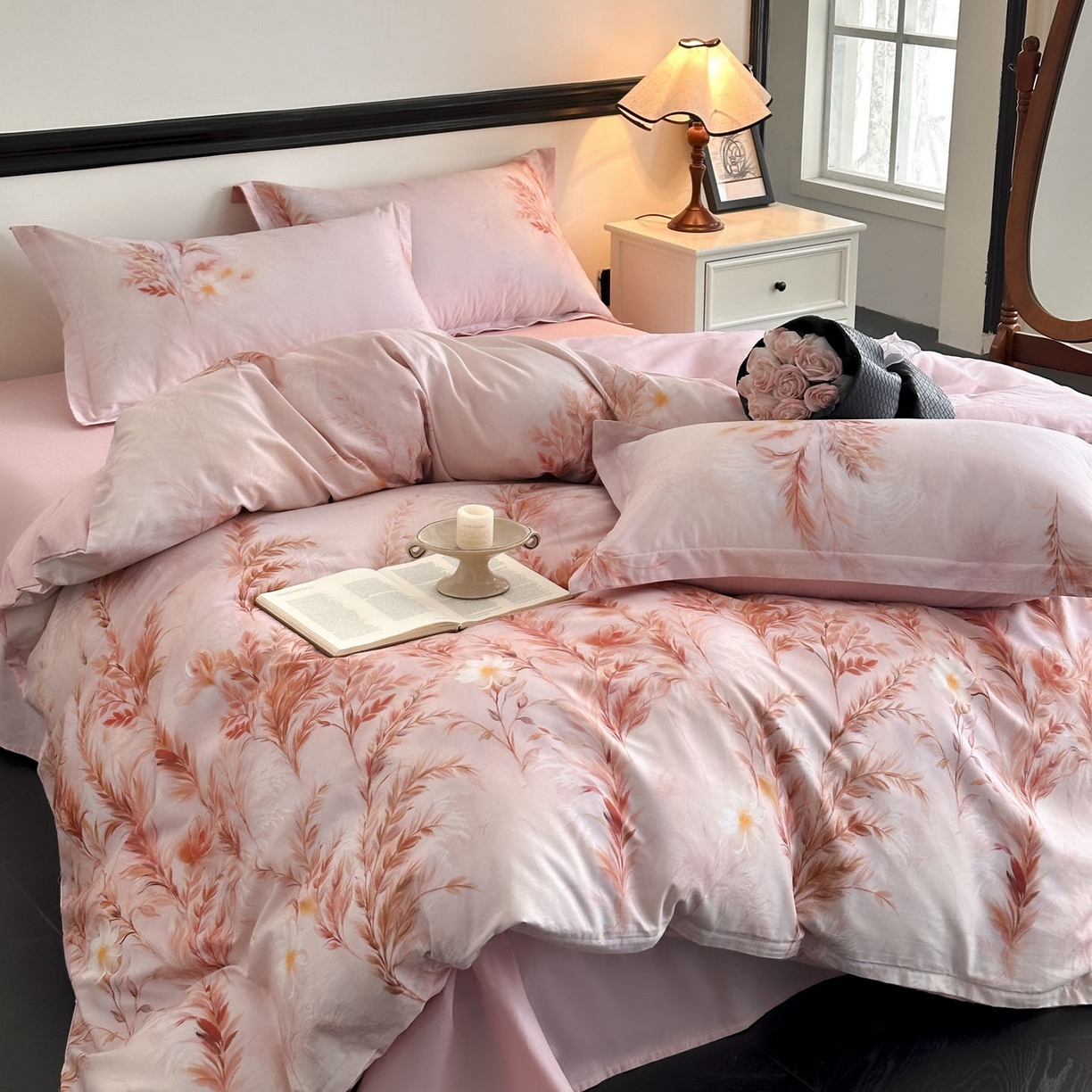 91家纺网 家纺一手货源 找家纺 金鑫汇家纺 2025新款13372全棉纯棉高端数码印花四件套 幽兰生香-粉