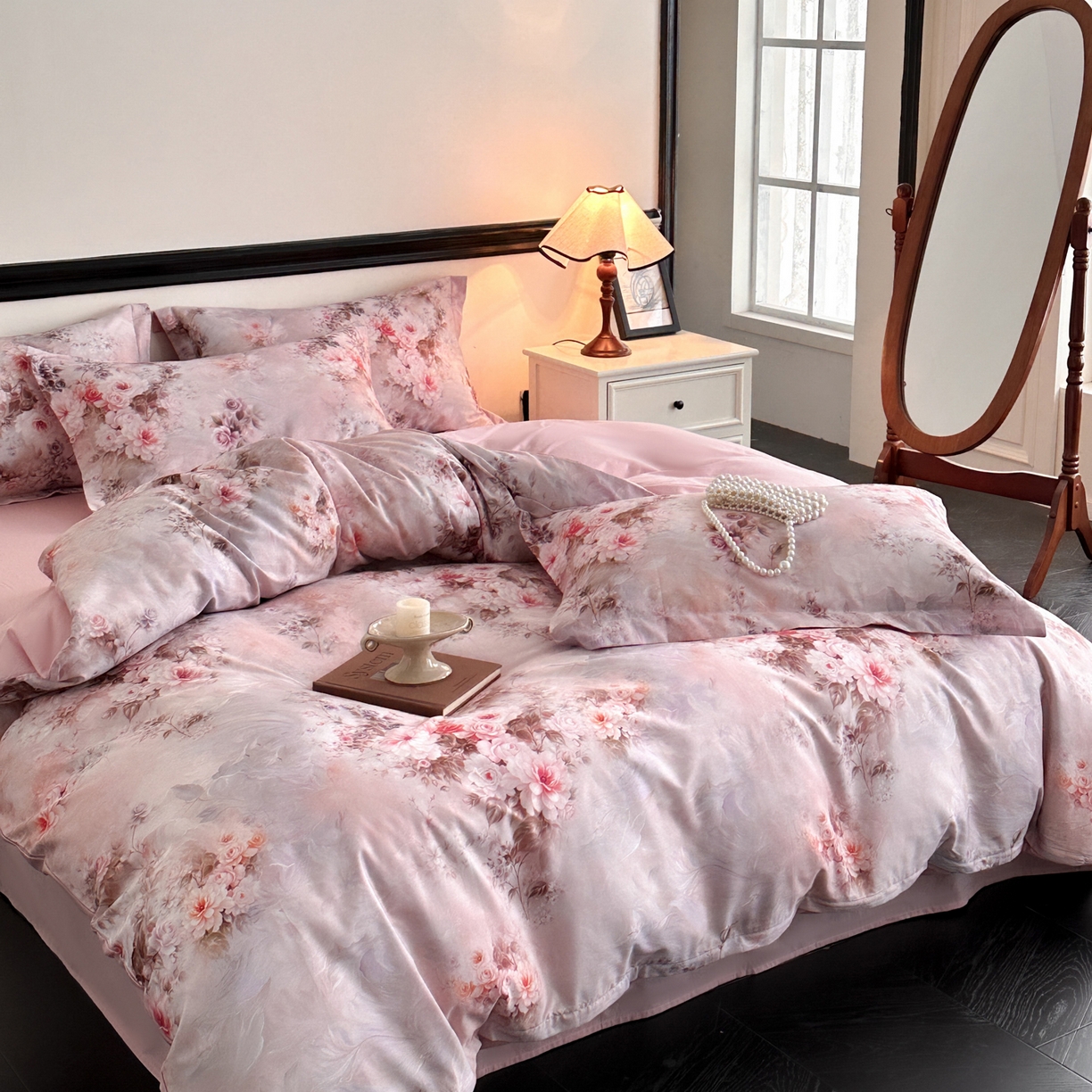 91家纺网 家纺一手货源 找家纺 金鑫汇家纺 2025新款13372全棉纯棉高端数码印花四件套 轻梦花海-粉