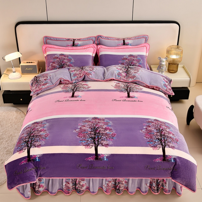 91家纺网 家纺一手货源 找家纺 2025直播爆款印花牛奶绒四件套8斤法莱绒印花四件套 发财树