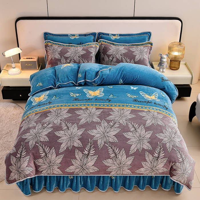 91家纺网 家纺一手货源 找家纺 2025直播爆款印花牛奶绒四件套8斤法莱绒印花四件套 蝴蝶轻舞