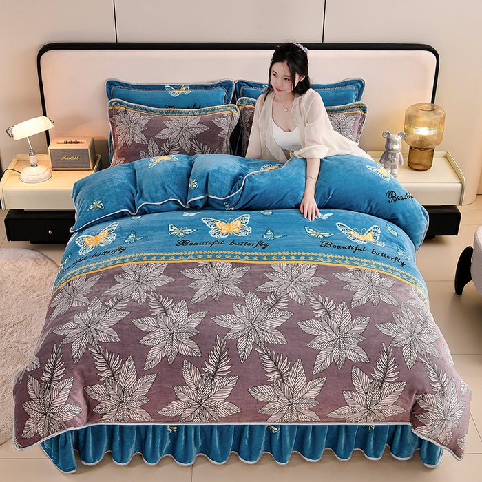 2025直播爆款印花牛奶绒四件套8斤法莱绒印花四件套 蝴蝶轻舞