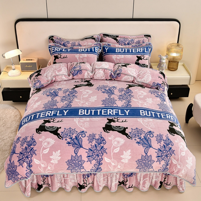 91家纺网 家纺一手货源 找家纺 2025直播爆款印花牛奶绒四件套8斤法莱绒印花四件套 梦幻鹿