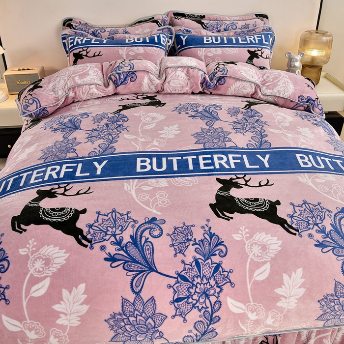 91家纺网 家纺一手货源 找家纺 2025直播爆款印花牛奶绒四件套8斤法莱绒印花四件套 梦幻鹿