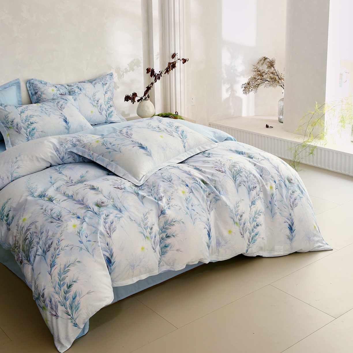 91家纺网 家纺一手货源 找家纺 金鑫汇家纺 2025新款13772全棉纯棉高端数码印花单被套 被套单件 幽兰生香-蓝