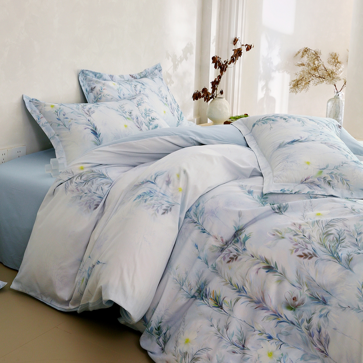 91家纺网 家纺一手货源 找家纺 金鑫汇家纺 2025新款13772全棉纯棉高端数码印花单被套 被套单件 幽兰生香-蓝