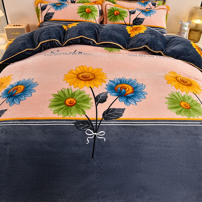 91家纺网 家纺一手货源 找家纺 2025直播爆款印花牛奶绒四件套8斤法莱绒印花四件套 向日葵