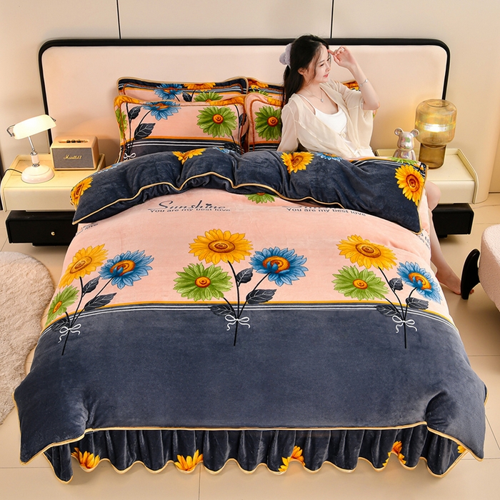 2025直播爆款印花牛奶绒四件套8斤法莱绒印花四件套 向日葵