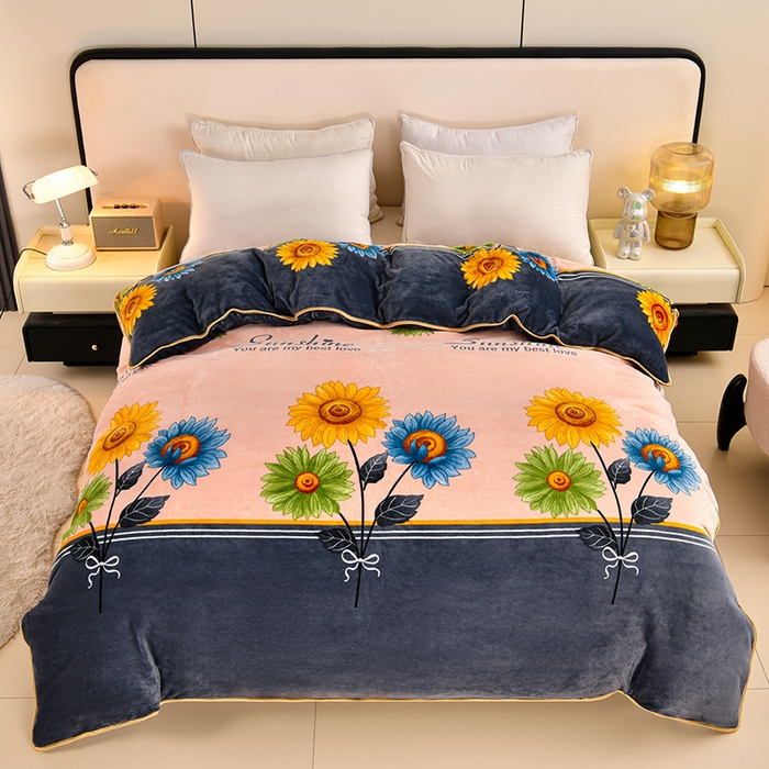 91家纺网 家纺一手货源 找家纺 2025直播爆款印花牛奶绒四件套8斤法莱绒印花四件套 向日葵