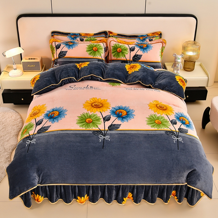 91家纺网 家纺一手货源 找家纺 2025直播爆款印花牛奶绒四件套8斤法莱绒印花四件套 向日葵