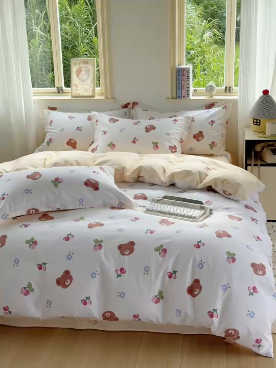 91家纺网 家纺一手货源 找家纺 卓越 2025新款128*68全棉印花四件套 熊可爱