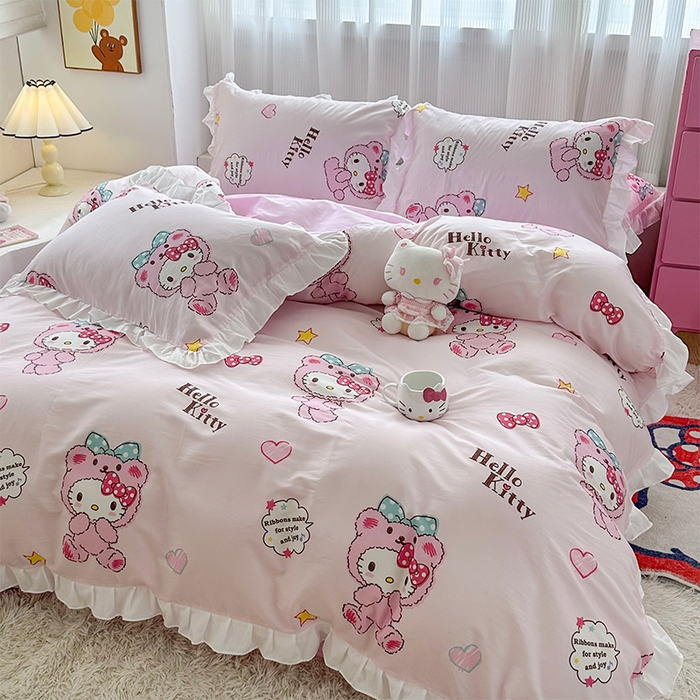 91家纺网 家纺一手货源 找家纺 玉元坊2025新款三丽鸥系列 全棉床单纯棉床裙三四件套 babyKT-白花边款