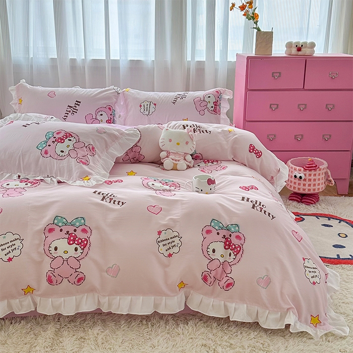 91家纺网 家纺一手货源 找家纺 玉元坊2025新款三丽鸥系列 全棉床单纯棉床裙三四件套 babyKT-白花边款