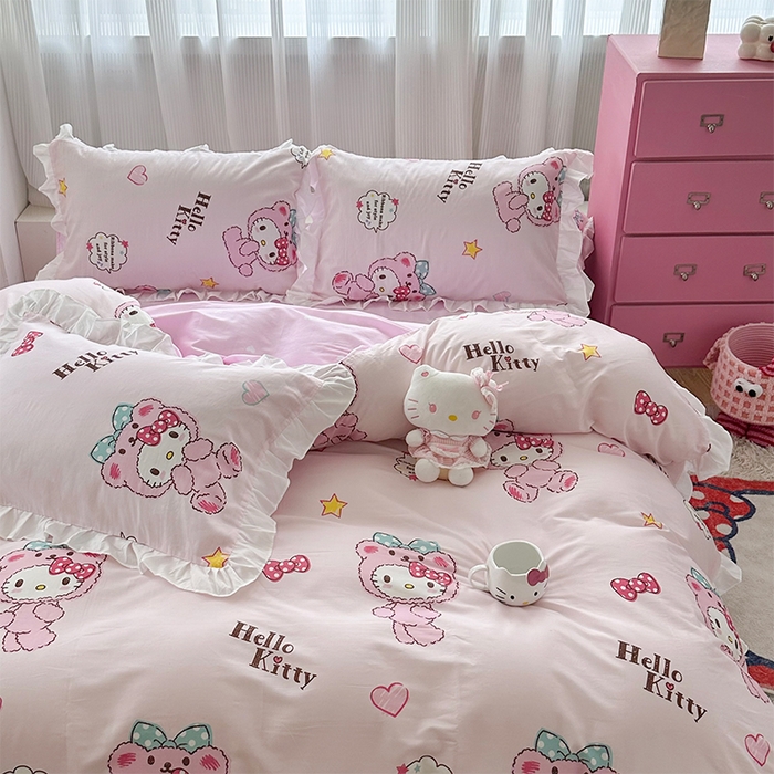 91家纺网 家纺一手货源 找家纺 玉元坊2025新款三丽鸥系列 全棉床单纯棉床裙三四件套 babyKT-白花边款