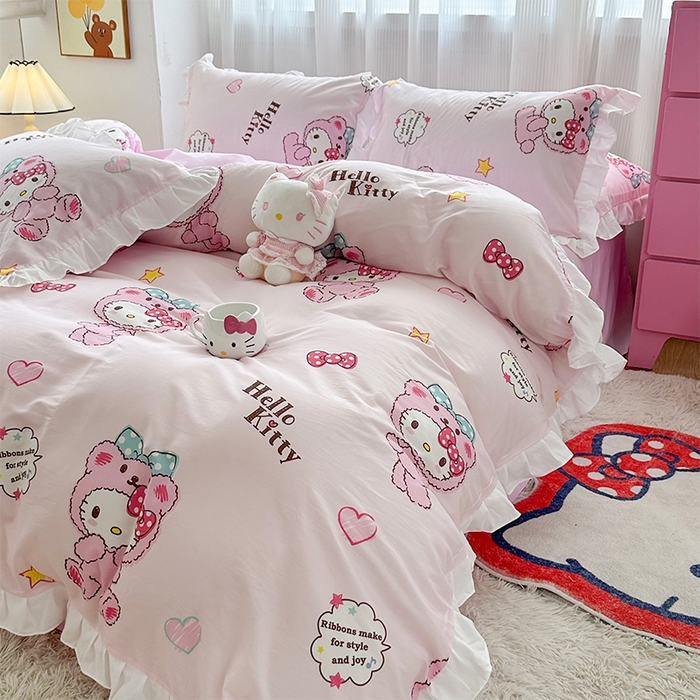 91家纺网 家纺一手货源 找家纺 玉元坊2025新款三丽鸥系列 全棉床单纯棉床裙三四件套 babyKT-白花边款