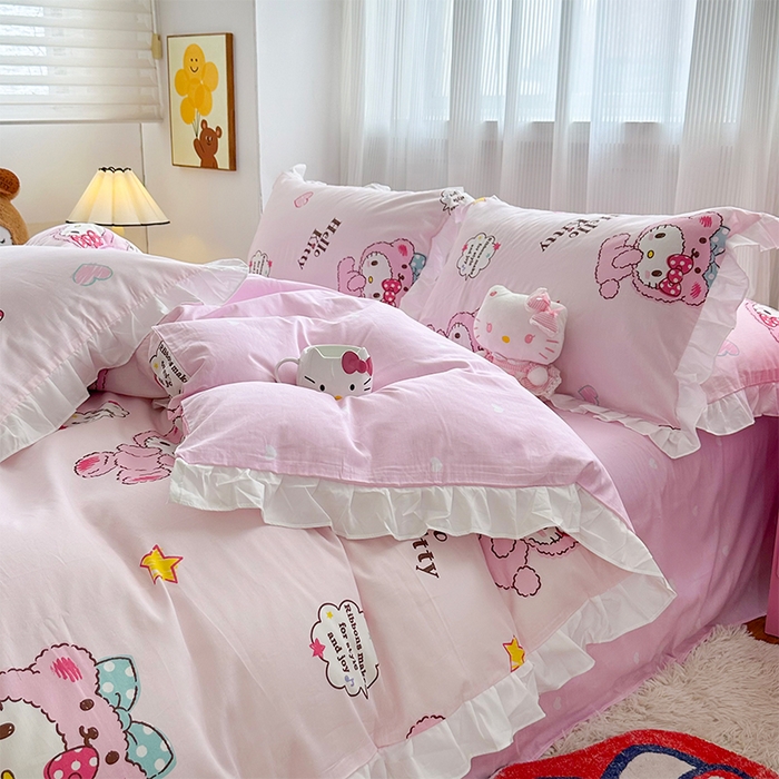 91家纺网 家纺一手货源 找家纺 玉元坊2025新款三丽鸥系列 全棉床单纯棉床裙三四件套 babyKT-白花边款