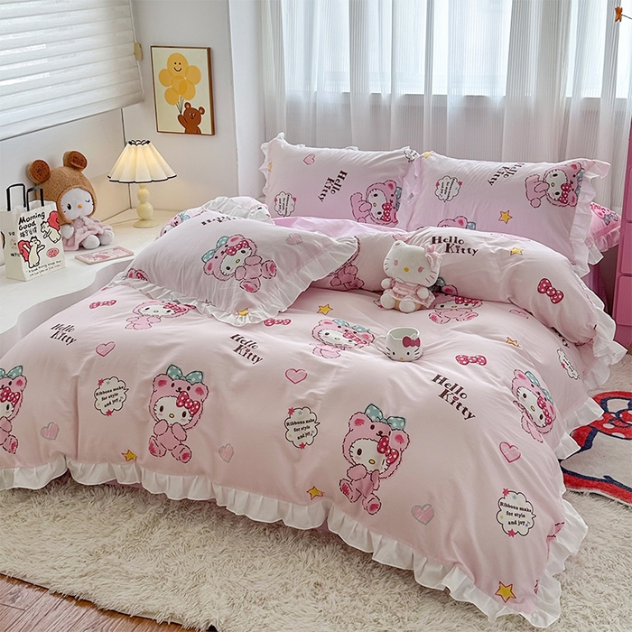 91家纺网 家纺一手货源 找家纺 玉元坊2025新款三丽鸥系列 全棉床单纯棉床裙三四件套 babyKT-白花边款