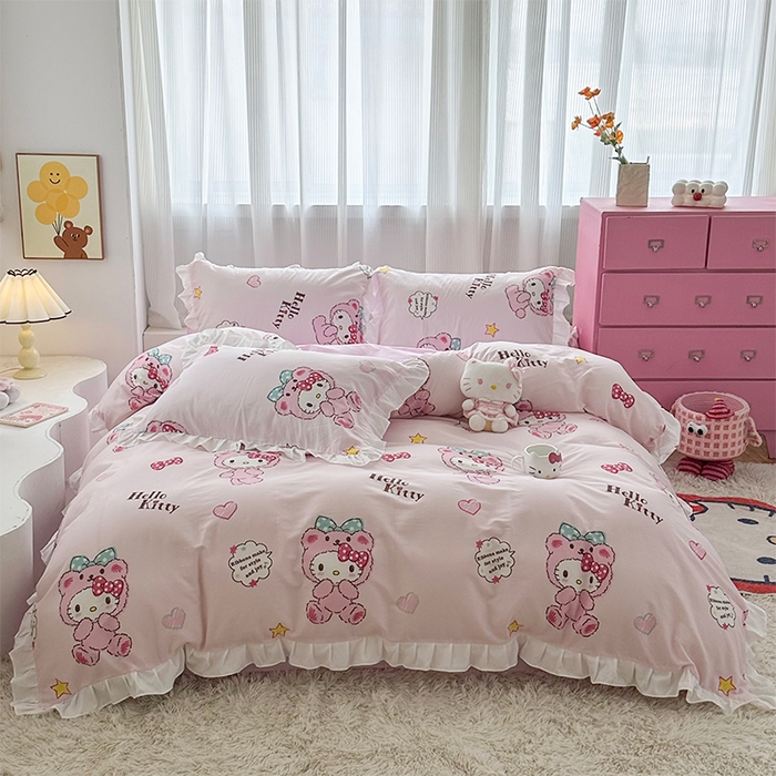 91家纺网 家纺一手货源 找家纺 玉元坊2025新款三丽鸥系列 全棉床单纯棉床裙三四件套 babyKT-白花边款