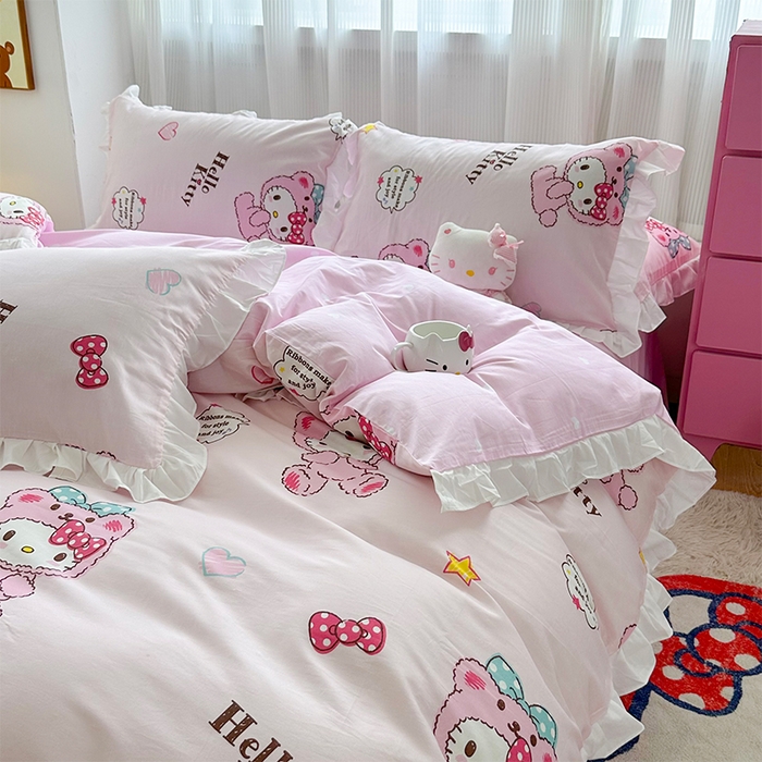 91家纺网 家纺一手货源 找家纺 玉元坊2025新款三丽鸥系列 全棉床单纯棉床裙三四件套 babyKT-白花边款