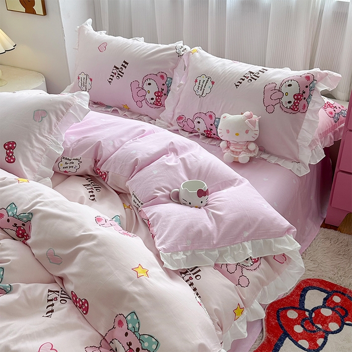 91家纺网 家纺一手货源 找家纺 玉元坊2025新款三丽鸥系列 全棉床单纯棉床裙三四件套 babyKT-白花边款