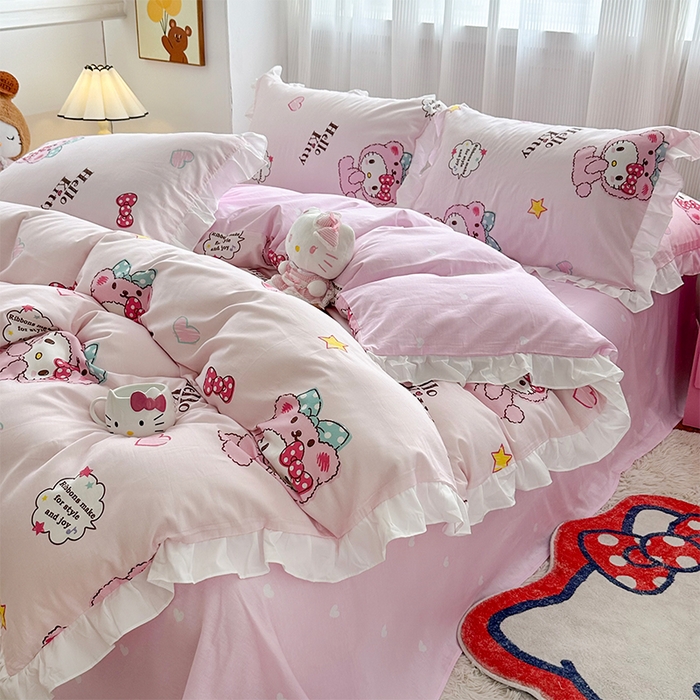 91家纺网 家纺一手货源 找家纺 玉元坊2025新款三丽鸥系列 全棉床单纯棉床裙三四件套 babyKT-白花边款