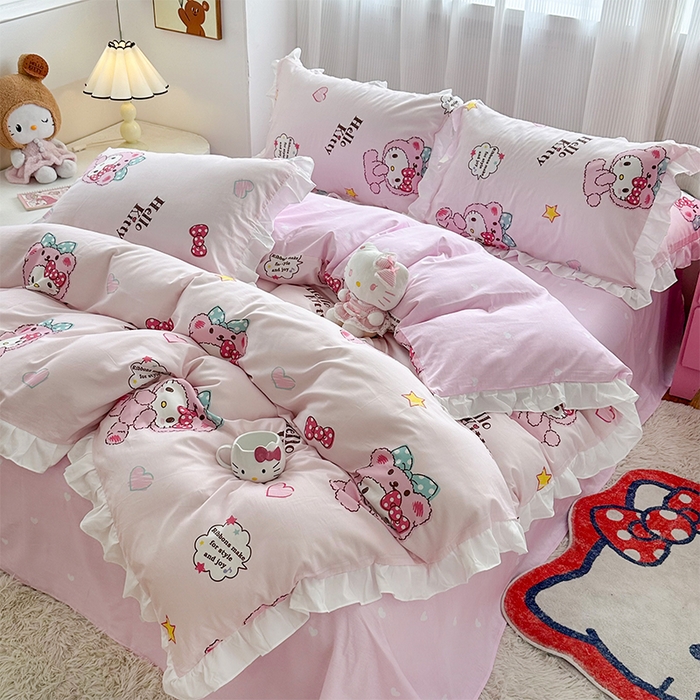 91家纺网 家纺一手货源 找家纺 玉元坊2025新款三丽鸥系列 全棉床单纯棉床裙三四件套 babyKT-白花边款