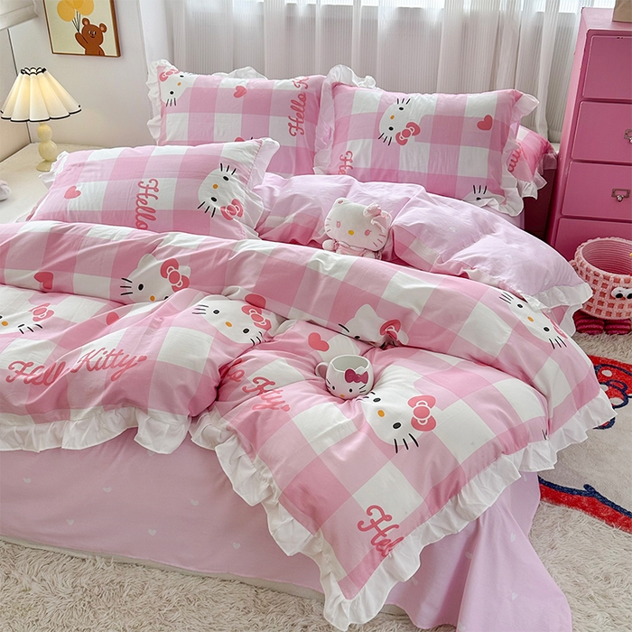 91家纺网 家纺一手货源 找家纺 玉元坊2025新款三丽鸥系列 全棉床单纯棉床裙三四件套 告别KT猫-白花边款