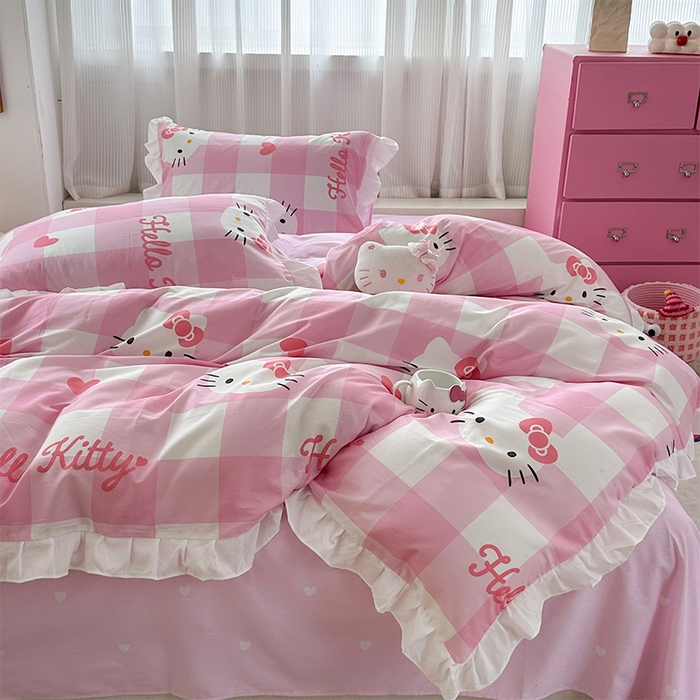 91家纺网 家纺一手货源 找家纺 玉元坊2025新款三丽鸥系列 全棉床单纯棉床裙三四件套 告别KT猫-白花边款