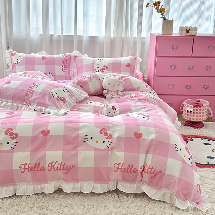 91家纺网 家纺一手货源 找家纺 玉元坊2025新款三丽鸥系列 全棉床单纯棉床裙三四件套 告别KT猫-白花边款