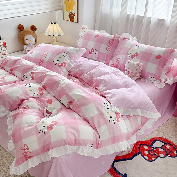 91家纺网 家纺一手货源 找家纺 玉元坊2025新款三丽鸥系列 全棉床单纯棉床裙三四件套 告别KT猫-白花边款