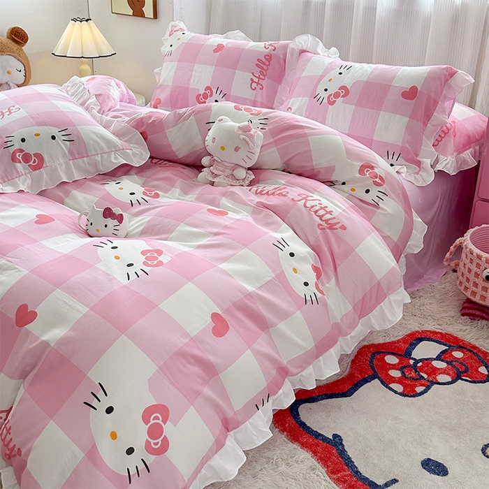 91家纺网 家纺一手货源 找家纺 玉元坊2025新款三丽鸥系列 全棉床单纯棉床裙三四件套 告别KT猫-白花边款