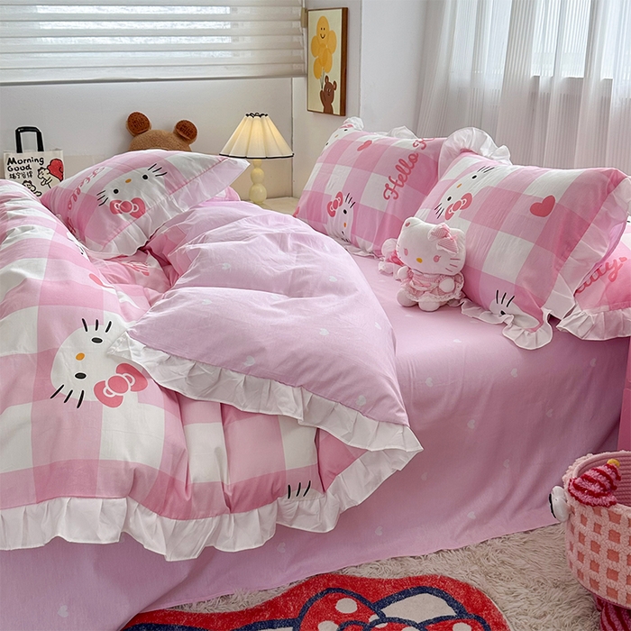 91家纺网 家纺一手货源 找家纺 玉元坊2025新款三丽鸥系列 全棉床单纯棉床裙三四件套 告别KT猫-白花边款