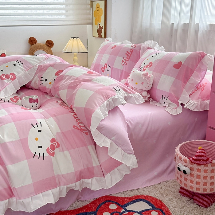 91家纺网 家纺一手货源 找家纺 玉元坊2025新款三丽鸥系列 全棉床单纯棉床裙三四件套 告别KT猫-白花边款