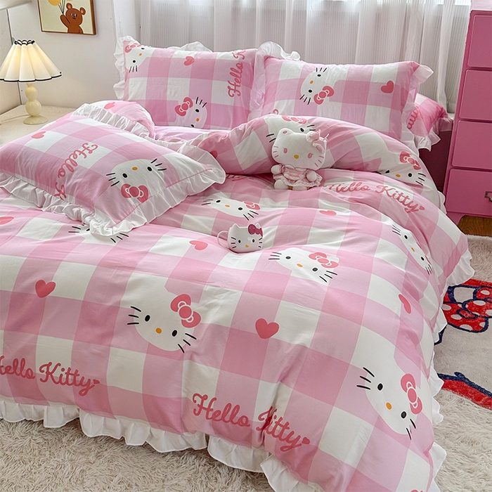 91家纺网 家纺一手货源 找家纺 玉元坊2025新款三丽鸥系列 全棉床单纯棉床裙三四件套 告别KT猫-白花边款