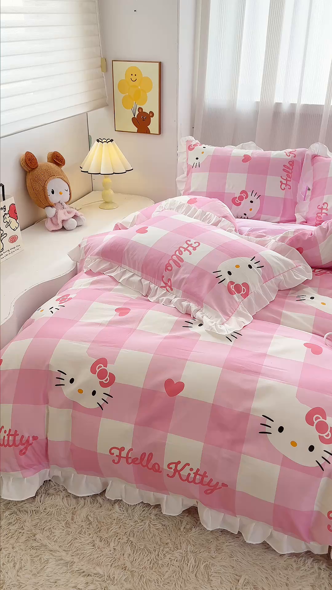 91家纺网 家纺一手货源 找家纺 玉元坊2025新款三丽鸥系列 全棉床单纯棉床裙三四件套 告别KT猫-白花边款