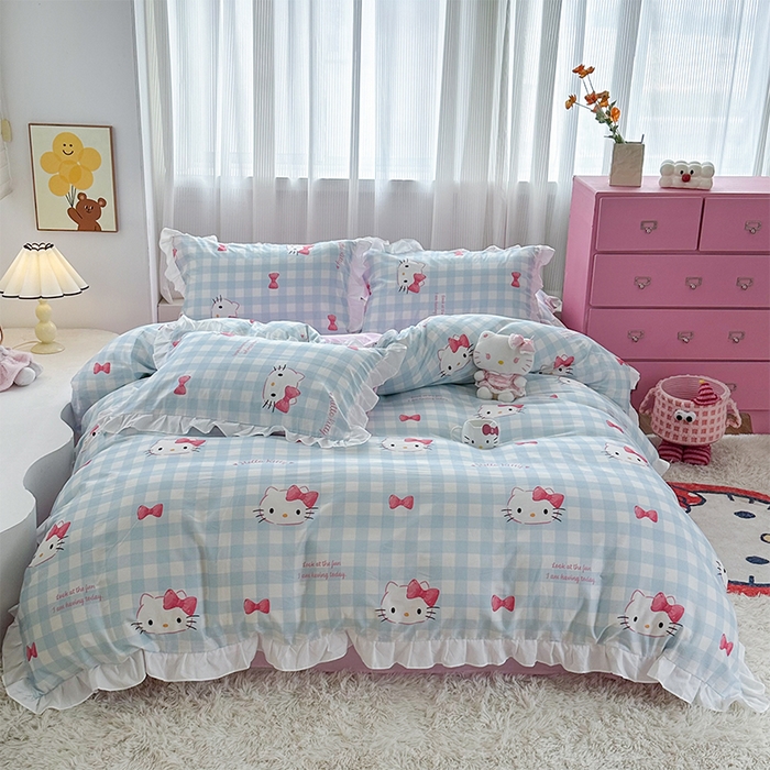 玉元坊2025新款三丽鸥系列 全棉床单纯棉床裙三四件套  乖巧KT-白花边款