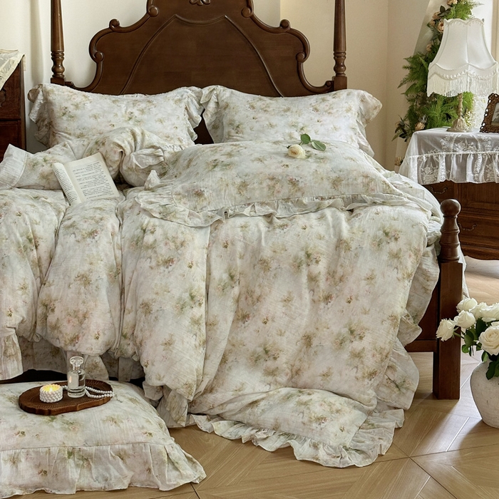 91家纺网 家纺一手货源 找家纺 （总）木楌家居2025新款法式油画风全棉双层皱皱纱四件套