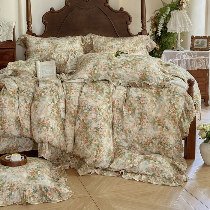 91家纺网 家纺一手货源 找家纺 （总）木楌家居2025新款法式油画风全棉双层皱皱纱四件套