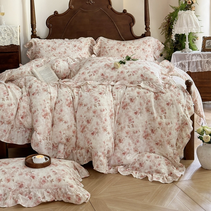 91家纺网 家纺一手货源 找家纺 （总）木楌家居2025新款法式油画风全棉双层皱皱纱四件套