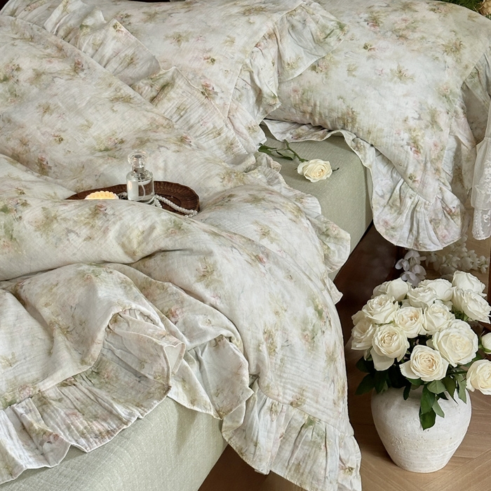 91家纺网 家纺一手货源 找家纺 （总）木楌家居2025新款法式油画风全棉双层皱皱纱四件套