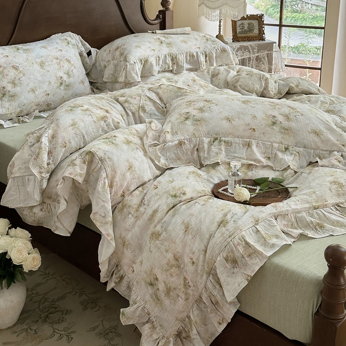 91家纺网 家纺一手货源 找家纺 （总）木楌家居2025新款法式油画风全棉双层皱皱纱四件套