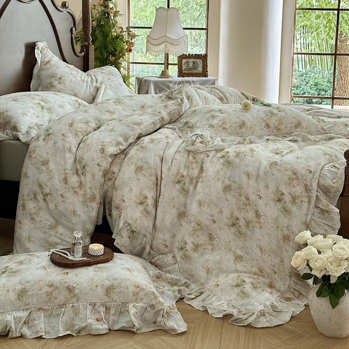 91家纺网 家纺一手货源 找家纺 （总）木楌家居2025新款法式油画风全棉双层皱皱纱四件套