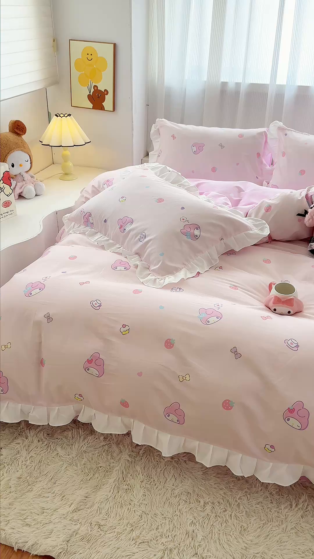 91家纺网 家纺一手货源 找家纺 玉元坊2025新款三丽鸥系列 全棉床单纯棉床裙三四件套 可可美乐蒂-白花边款