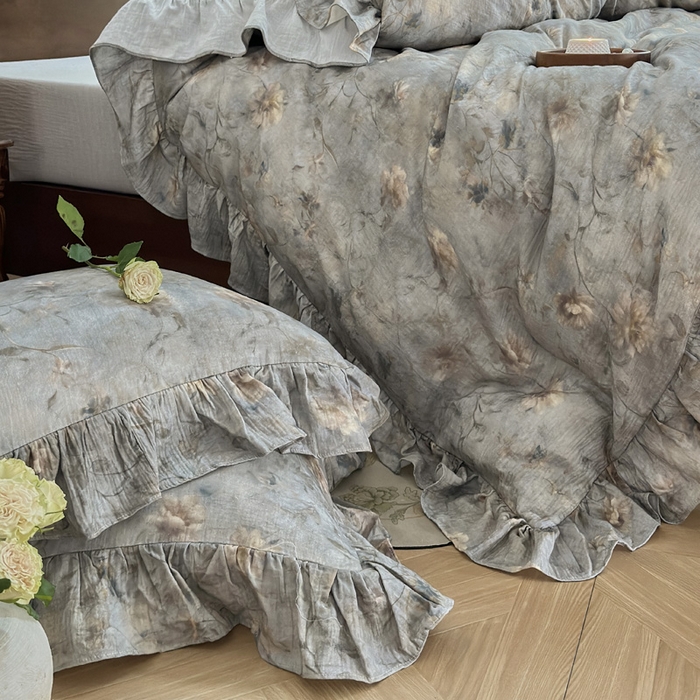 91家纺网 家纺一手货源 找家纺 木楌家居2025新款法式油画风全棉双层皱皱纱四件套 山茶漫野