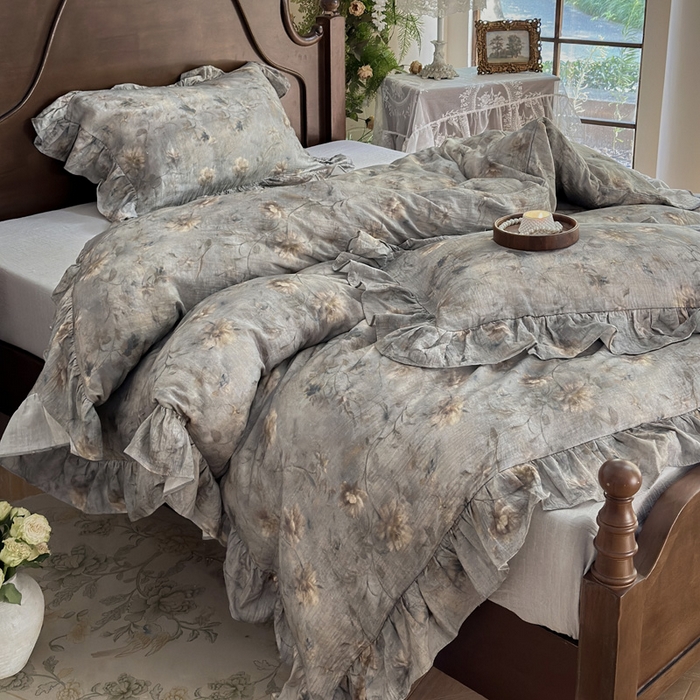 91家纺网 家纺一手货源 找家纺 木楌家居2025新款法式油画风全棉双层皱皱纱四件套 山茶漫野