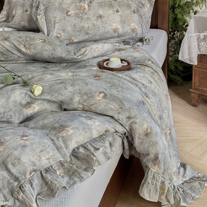 91家纺网 家纺一手货源 找家纺 木楌家居2025新款法式油画风全棉双层皱皱纱四件套 山茶漫野