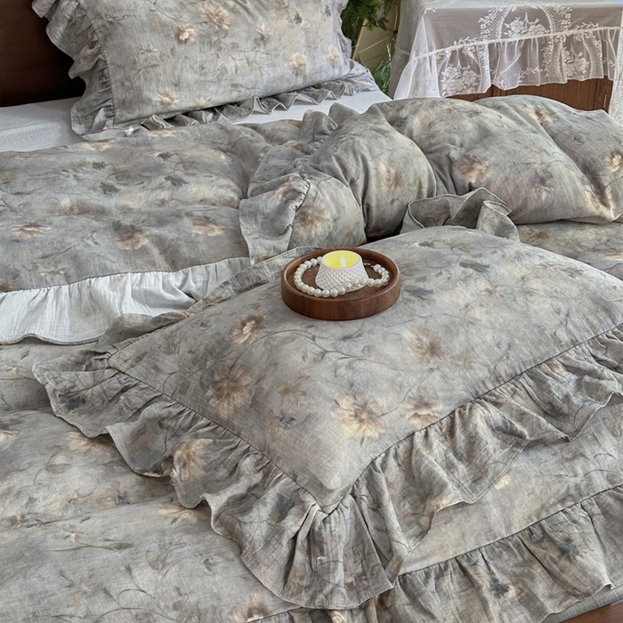 91家纺网 家纺一手货源 找家纺 木楌家居2025新款法式油画风全棉双层皱皱纱四件套 山茶漫野