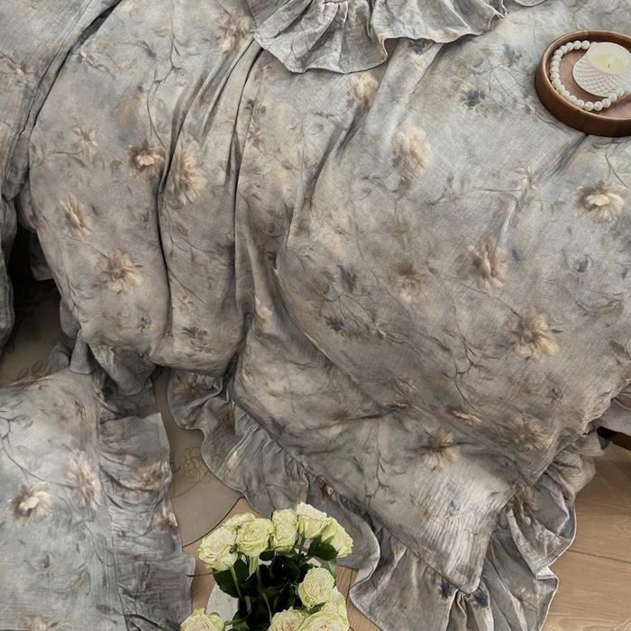 91家纺网 家纺一手货源 找家纺 木楌家居2025新款法式油画风全棉双层皱皱纱四件套 山茶漫野