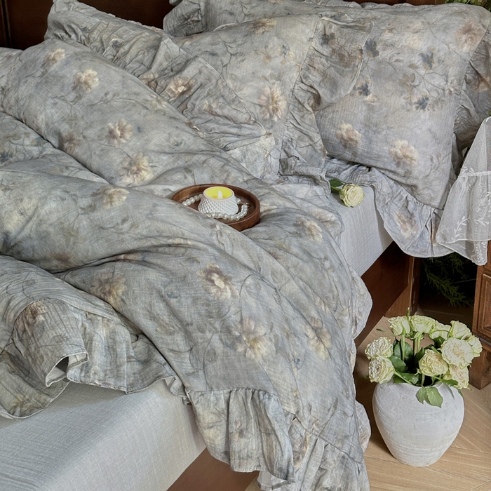 91家纺网 家纺一手货源 找家纺 木楌家居2025新款法式油画风全棉双层皱皱纱四件套 山茶漫野